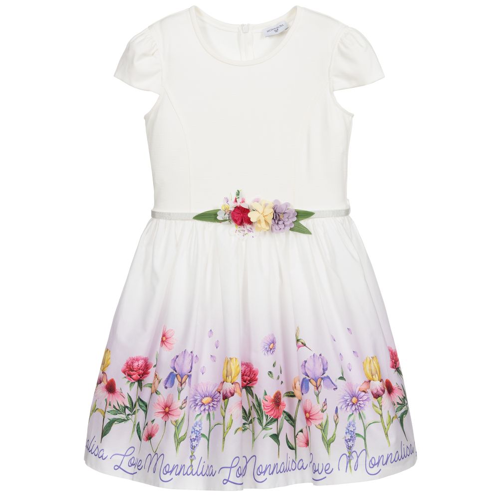 Monnalisa - Weißes, geblümtes Teen Kleid mit Logo | Childrensalon