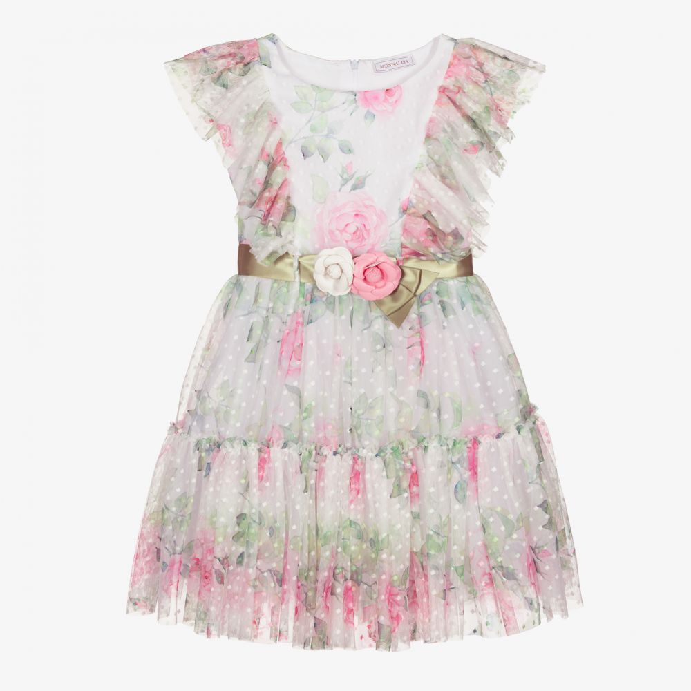 Monnalisa - Teen White Floral Tulle Dress | Childrensalon