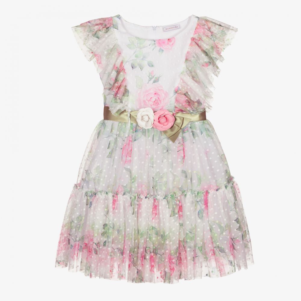 Monnalisa-Teen White Floral Tulle Dress | Childrensalon Outlet