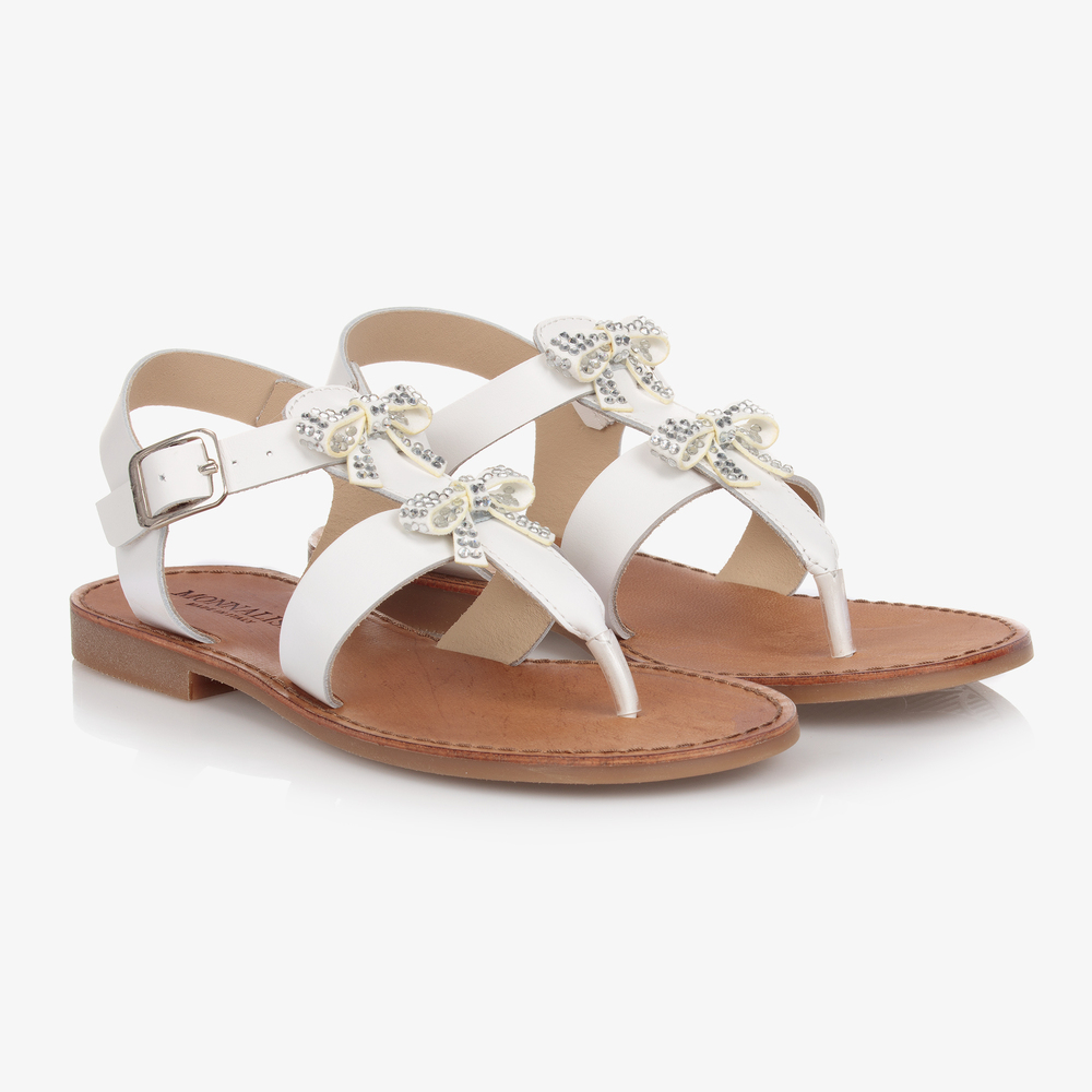 Monnalisa - Teen White Leather Bow Sandals | Childrensalon