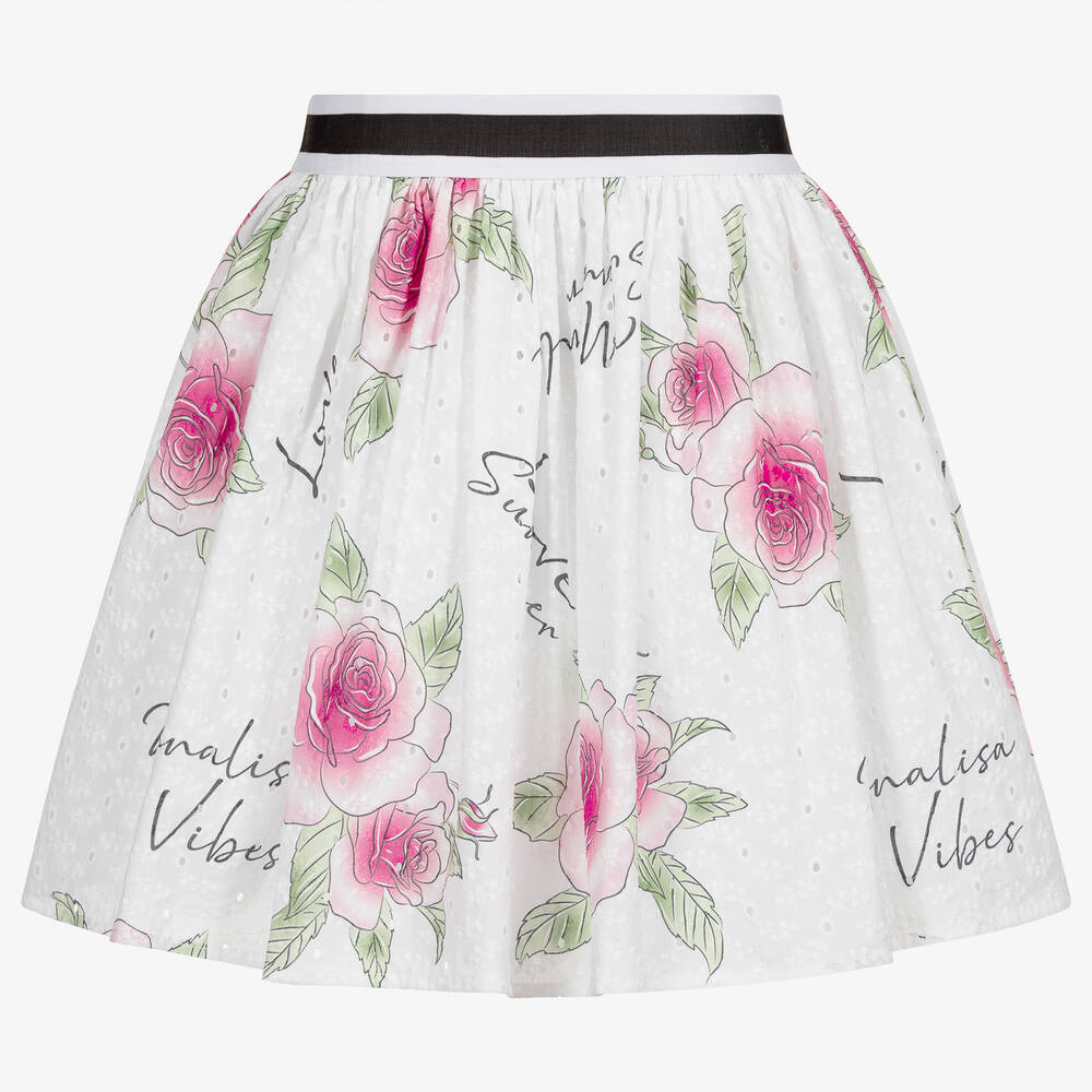 Monnalisa-Бело-розовая юбка с цветами для подростков | Childrensalon Outlet