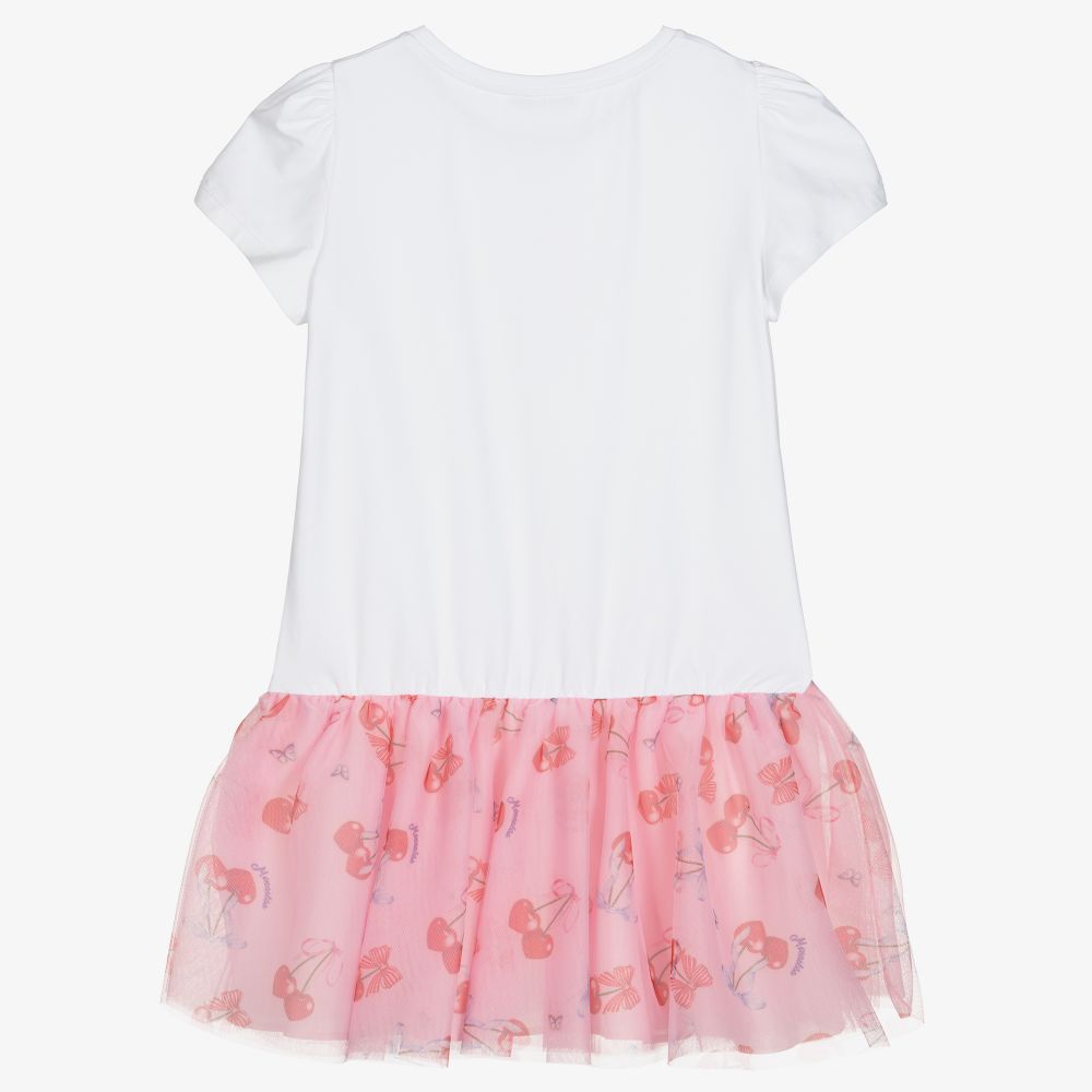 موناليزا-فستان تينز بناتي قطن جيرسي لون أبيض وزهري | Childrensalon Outlet