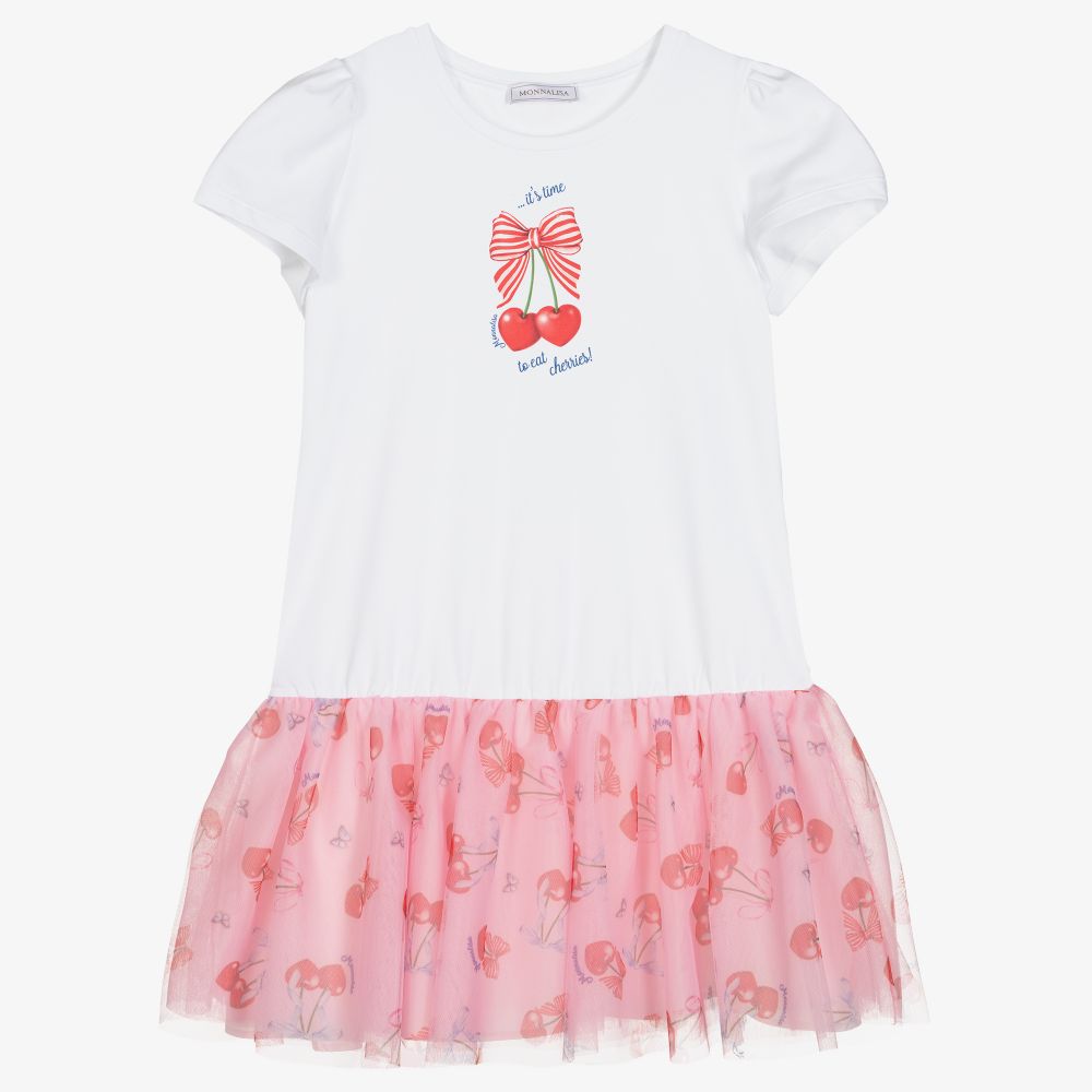 Monnalisa - Robe blanche/rose en tulle Ado | Childrensalon