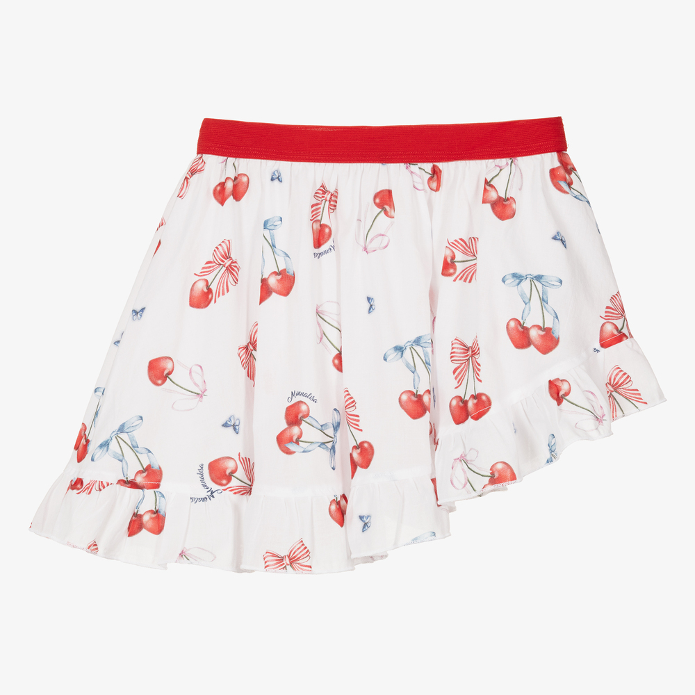 Monnalisa - Бело-красная хлопковая юбка с вишнями для подростков | Childrensalon