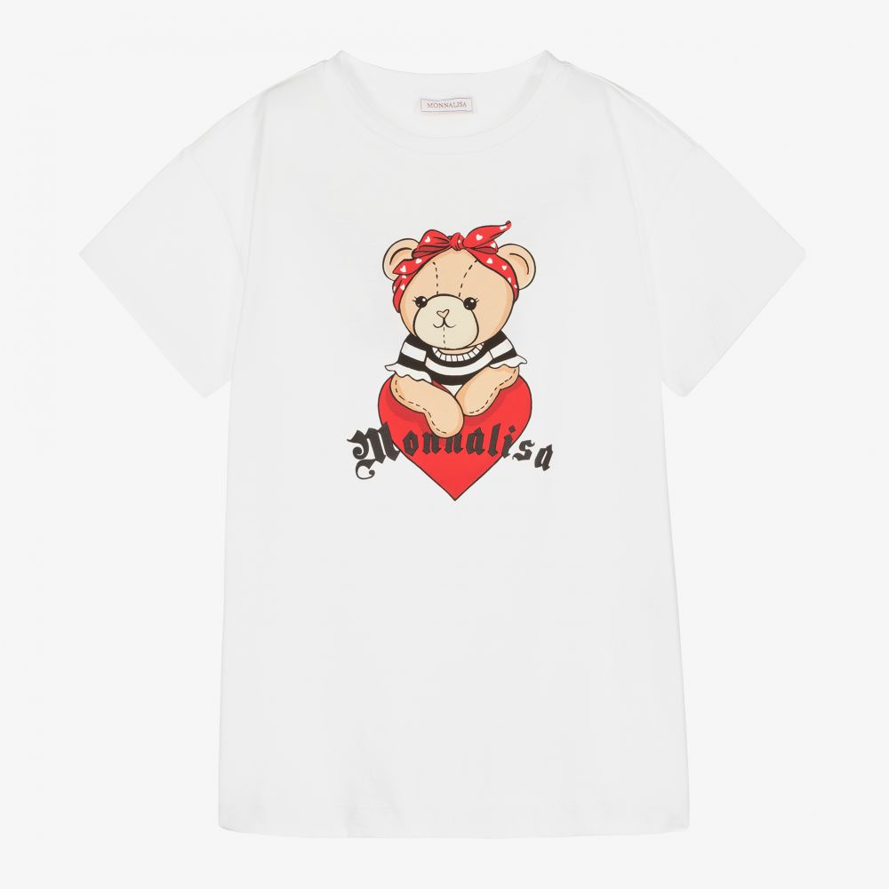 Monnalisa-Teen White Teddy Logo T-Shirt | Childrensalon Outlet