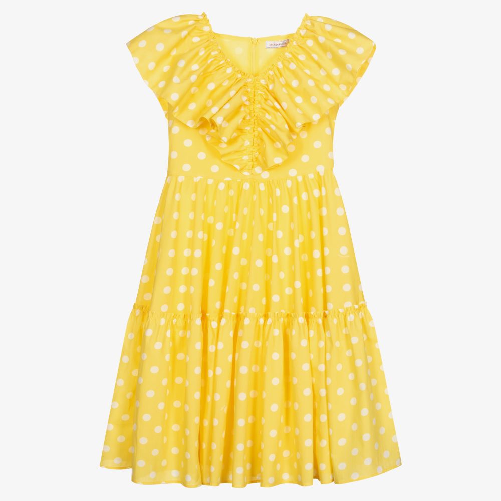 Monnalisa - فستان تينز بناتي قطن بوبلين منقط لون أصفر وأبيض | Childrensalon