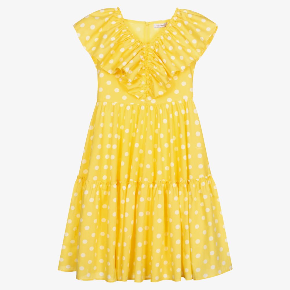 Women Yellow & White Polka Dot Printed V-Neck Tie-Up Waist Crepe Accordion  Pleated Fit & Flare Midi Dress - Berrylush