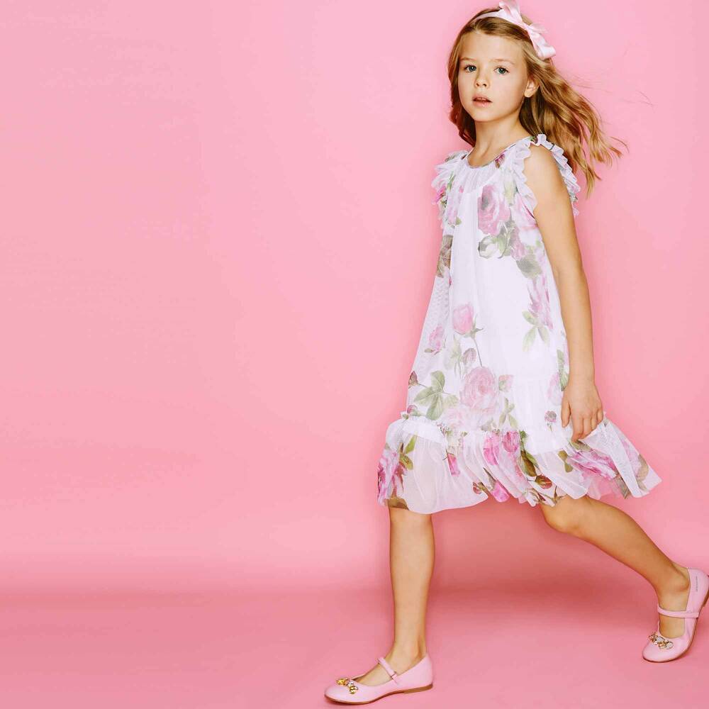 Monnalisa Шик-Vintage Rose Print Mesh Dress | Childrensalon Outlet