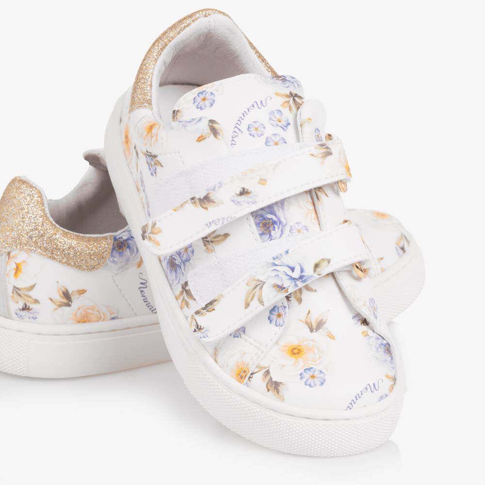Monnalisa-White And Blue Floral Trainers | Childrensalon Outlet