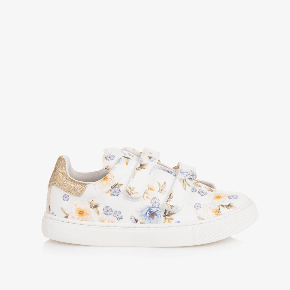 Monnalisa-White And Blue Floral Trainers | Childrensalon Outlet