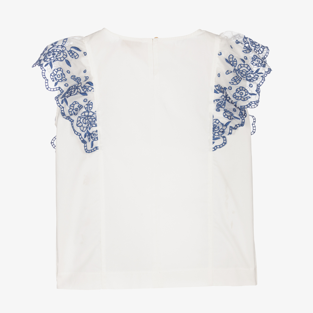 Monnalisa-White & Blue Cotton Blouse | Childrensalon Outlet