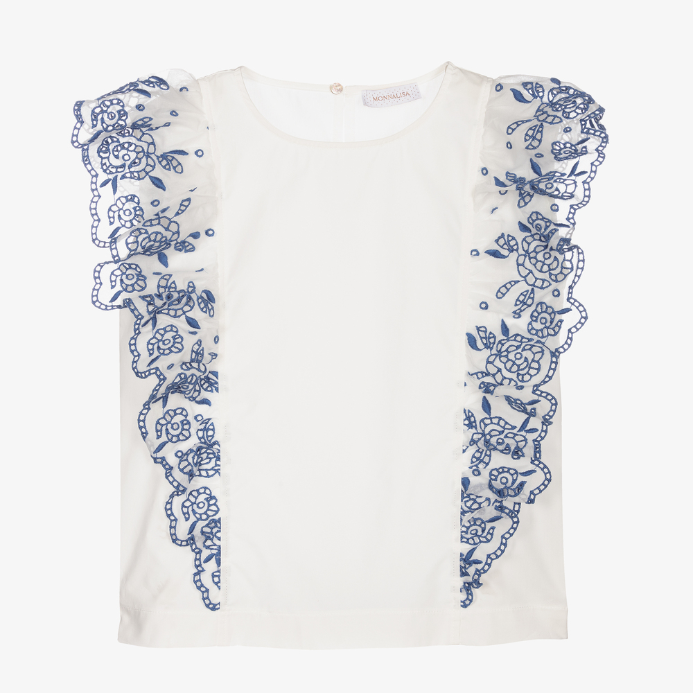 Monnalisa - White & Blue Cotton Blouse | Childrensalon