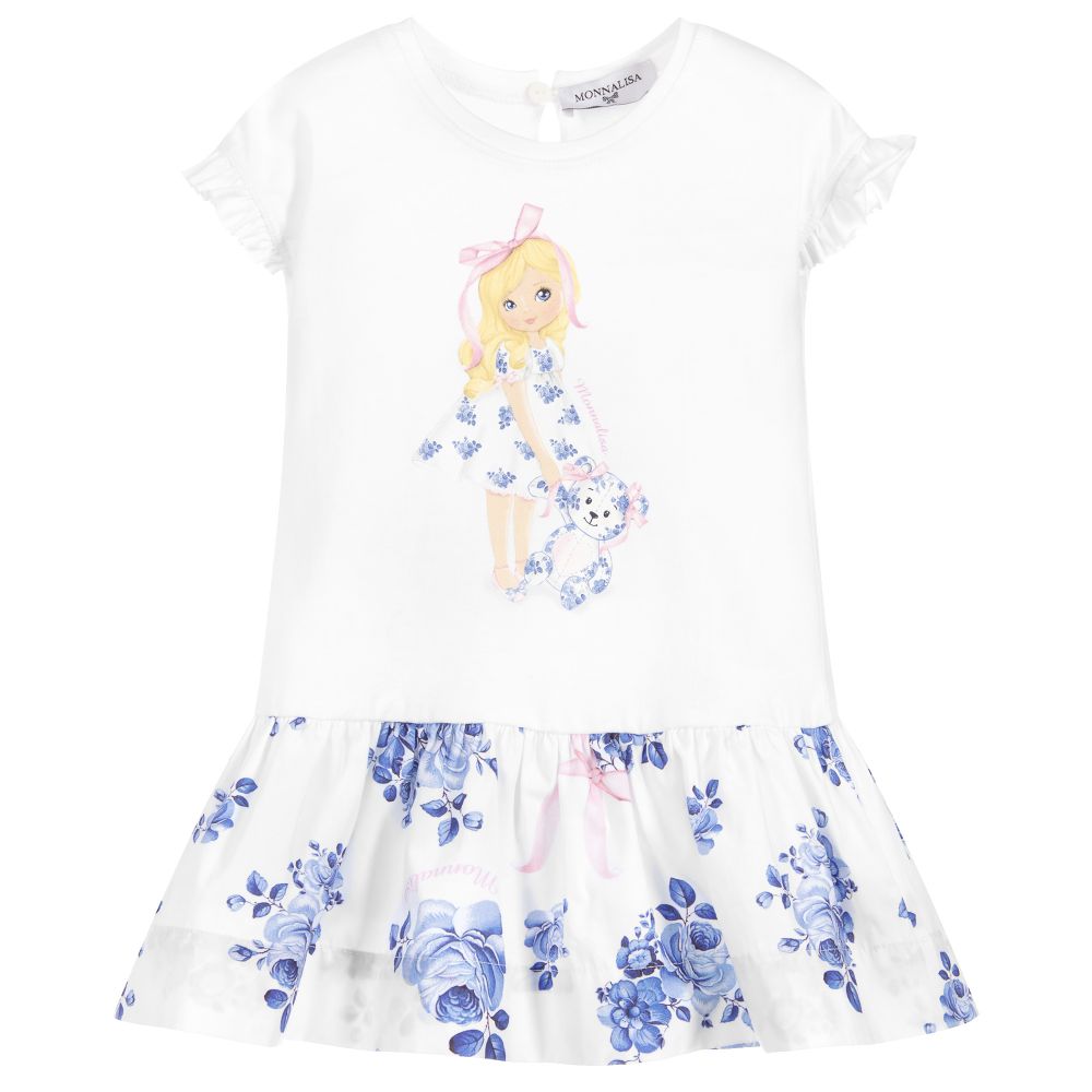 Monnalisa - فستان اطفال بناتي قطن جيرسي لون أبيض وأزرق | Childrensalon