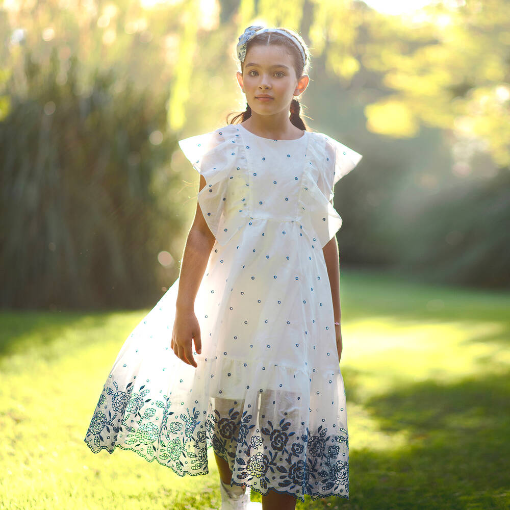 Monnalisa-White & Blue Cutwork Dress | Childrensalon Outlet