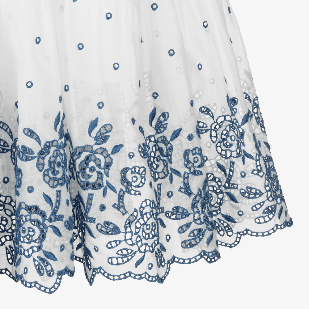 Monnalisa-White & Blue Cutwork Dress | Childrensalon Outlet