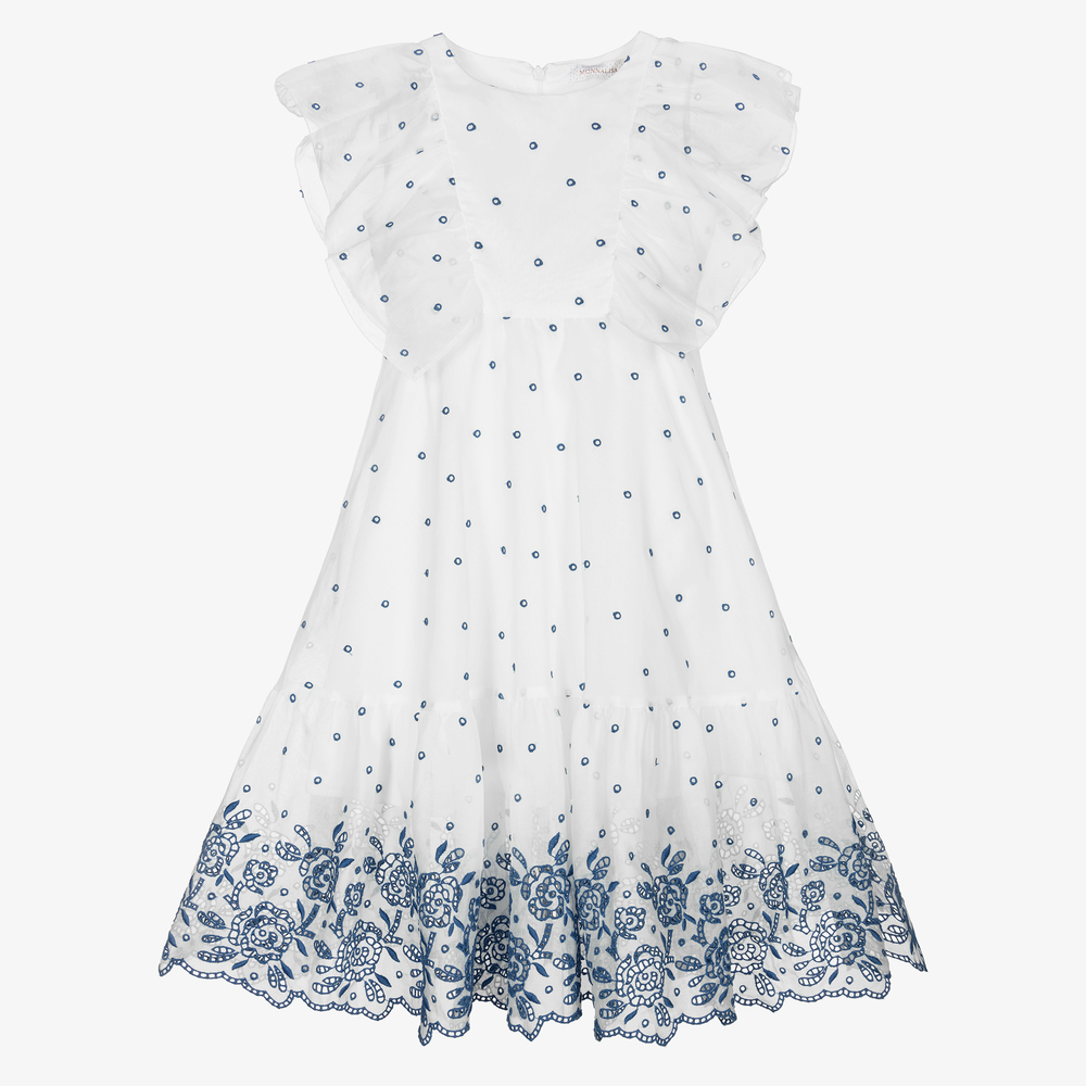 Monnalisa - White & Blue Cutwork Dress | Childrensalon