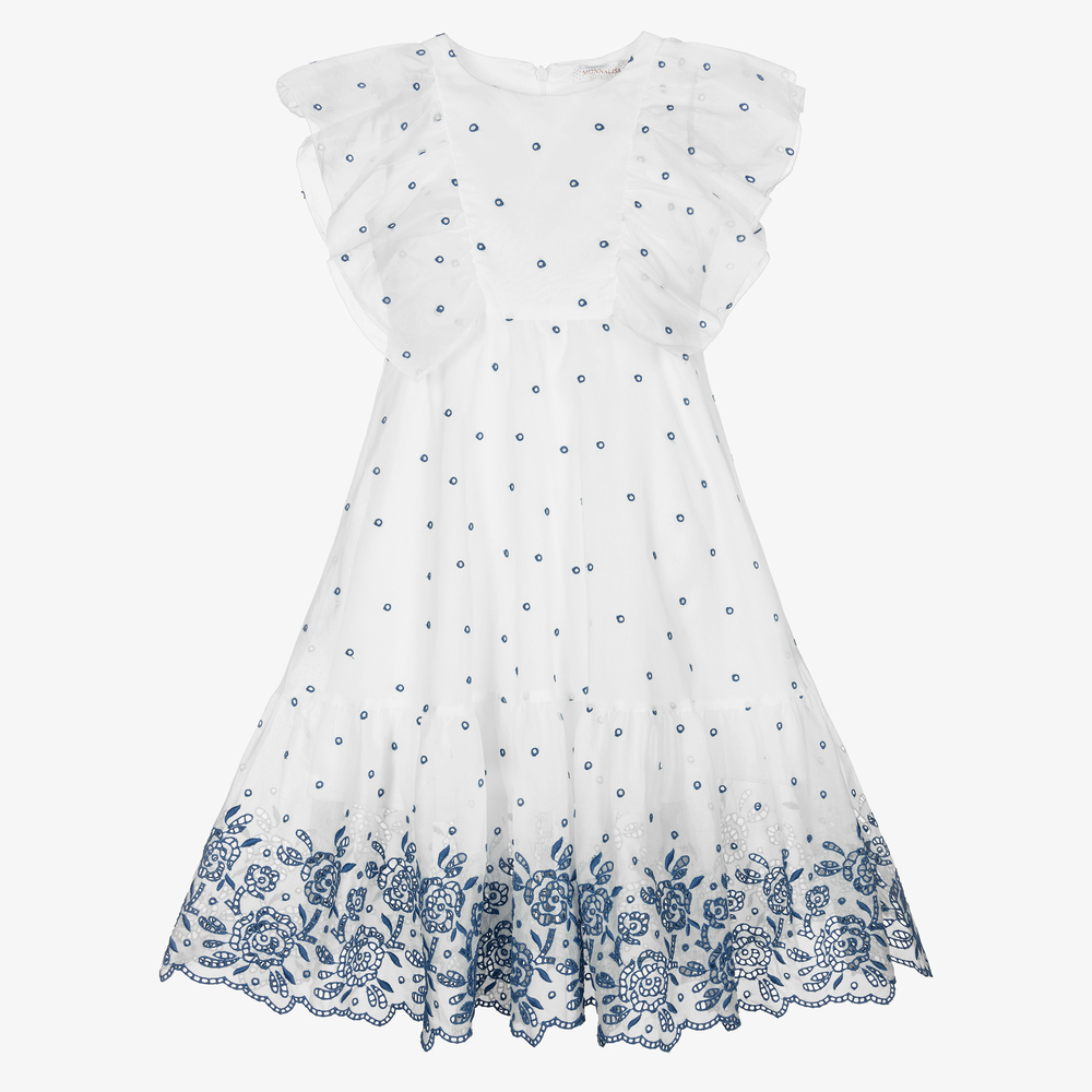 Monnalisa - Robe bleue et blanche ajourée | Childrensalon