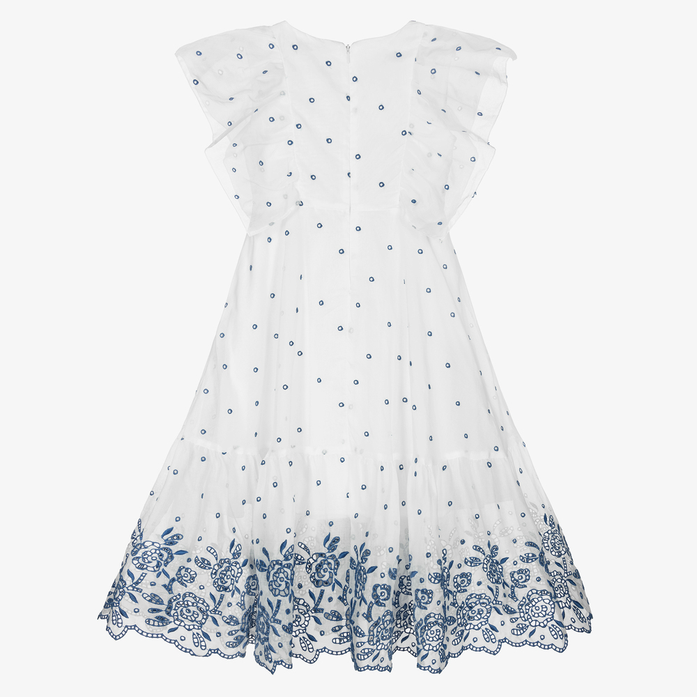 Monnalisa-White & Blue Cutwork Dress | Childrensalon Outlet