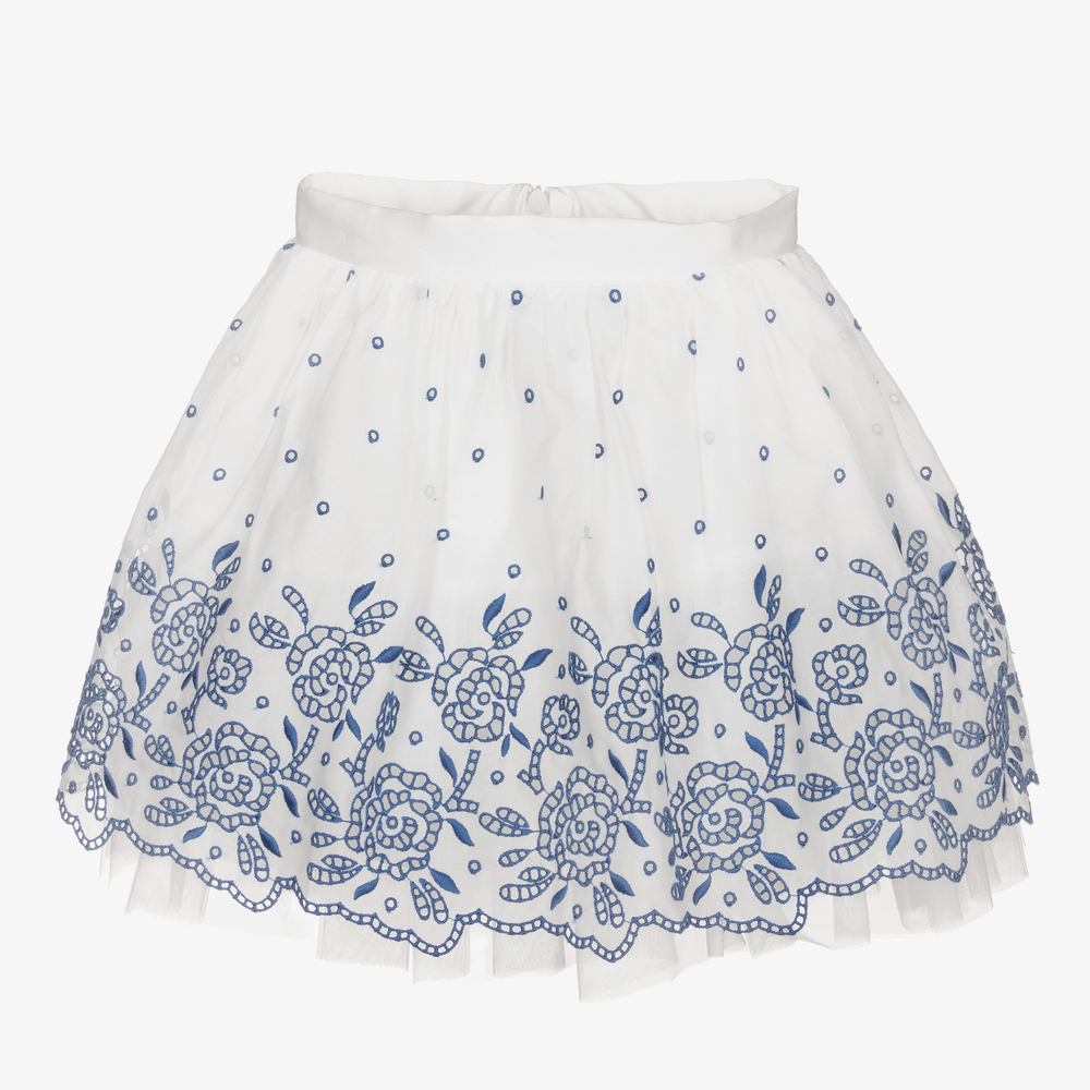 Monnalisa Chic - White & Blue Cutwork Skirt | Childrensalon