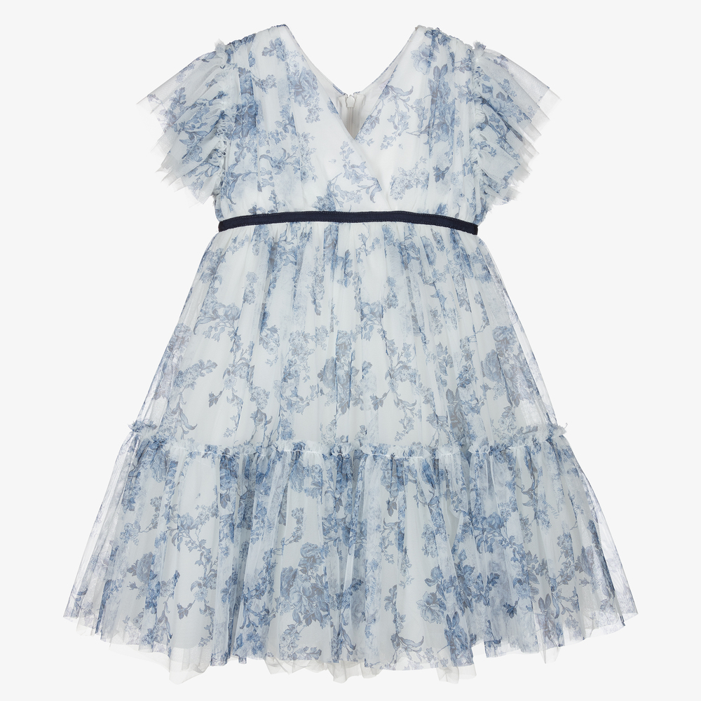 Monnalisa - Geblümtes Kleid in Weiß und Blau | Childrensalon
