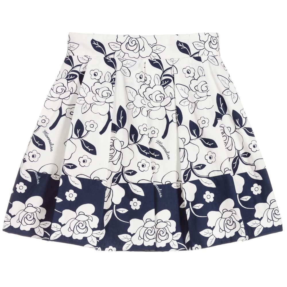 Monnalisa-تنورة قطن بوبلين لون أبيض وكحلي | Childrensalon Outlet