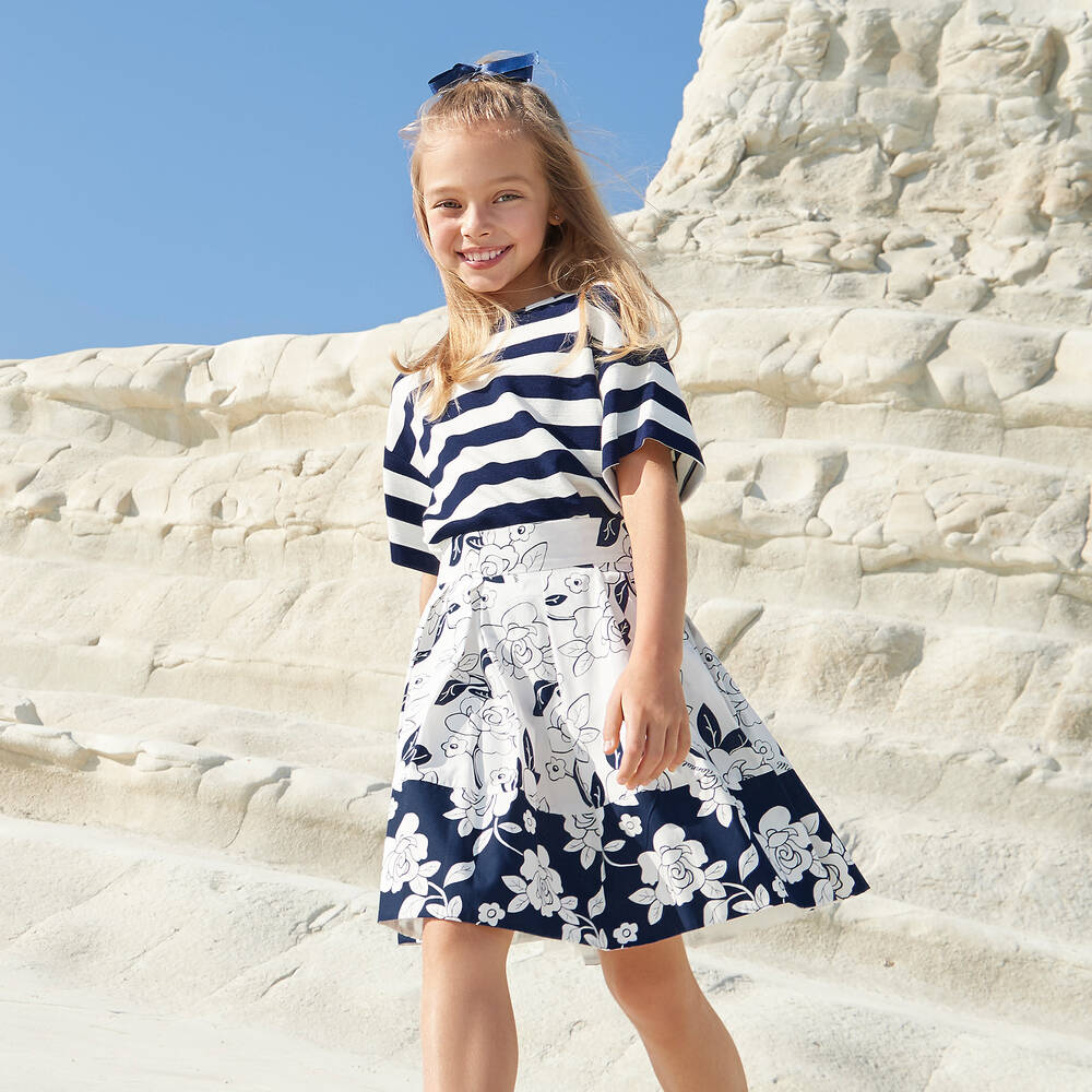 Monnalisa-تنورة قطن بوبلين لون أبيض وكحلي | Childrensalon Outlet