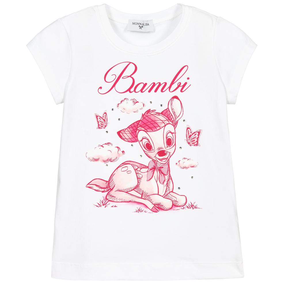 Monnalisa - Белая хлопковая футболка с Бэмби | Childrensalon
