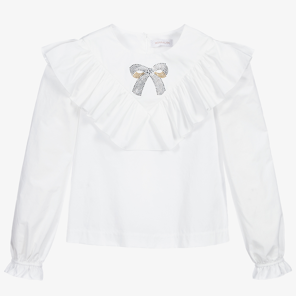Monnalisa-Белая хлопковая блузка с бантом | Childrensalon Outlet