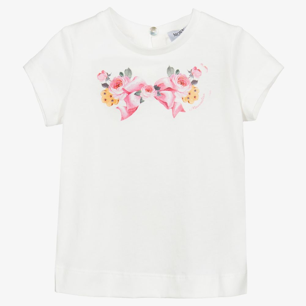 Monnalisa - White Cotton Bow Print T-Shirt | Childrensalon
