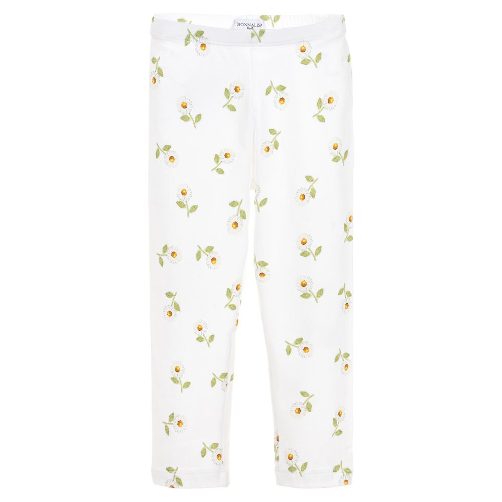 Monnalisa - White Cotton Daisies Leggings | Childrensalon