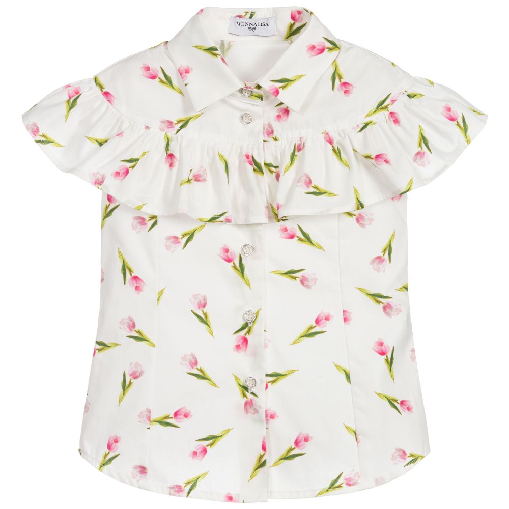 Monnalisa - White Cotton Floral Blouse | Childrensalon