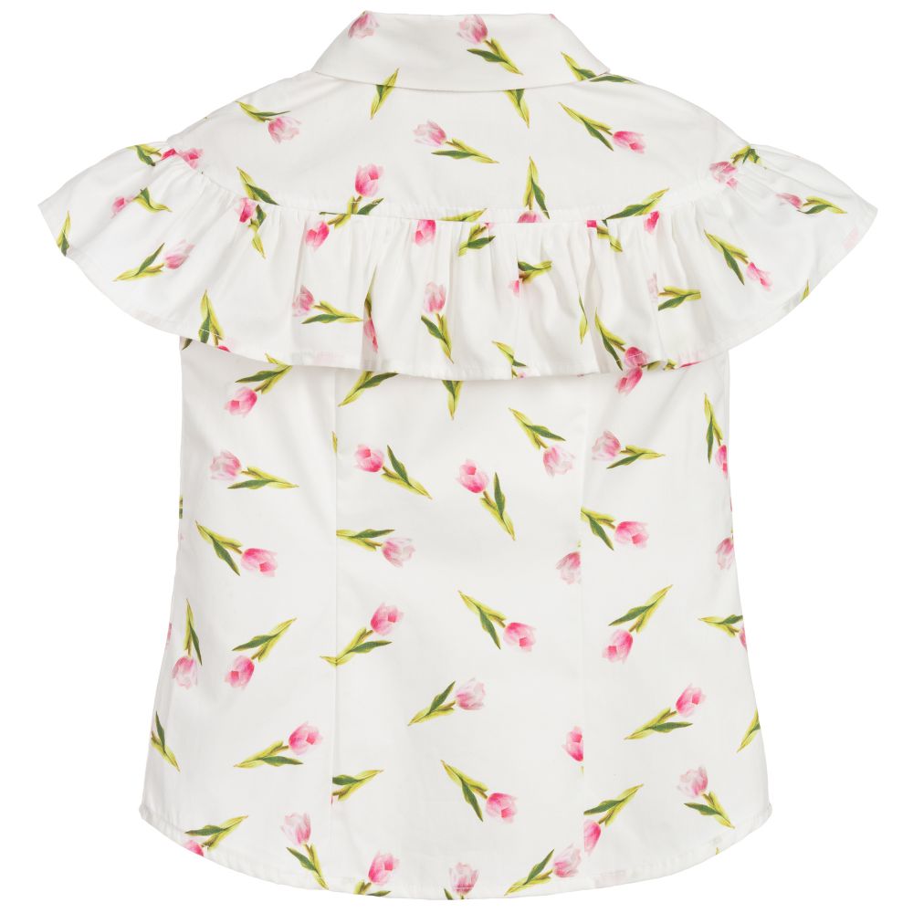 Monnalisa-بلوز قطن بوبلين لون أبيض بطبعة ورود | Childrensalon Outlet