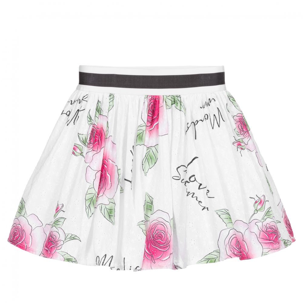 Monnalisa - White Cotton Floral Skirt | Childrensalon