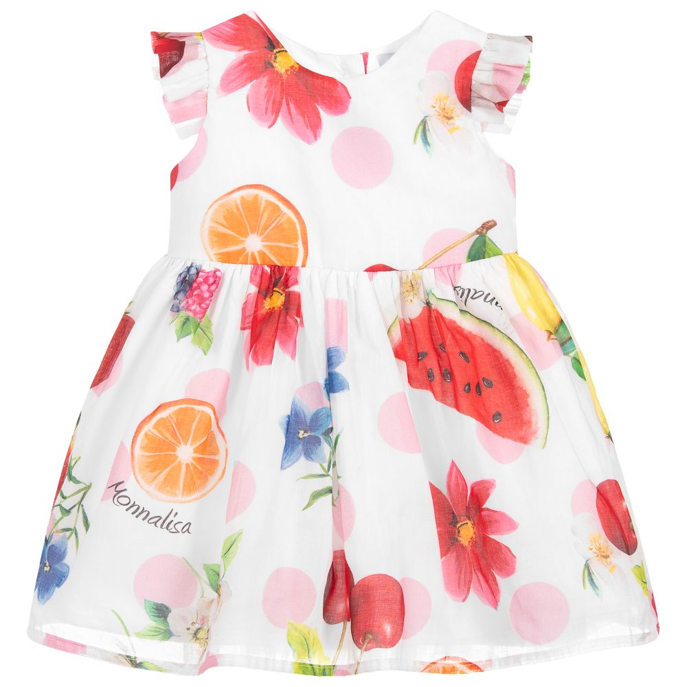 Monnalisa - White Cotton Fruit Print Dress | Childrensalon