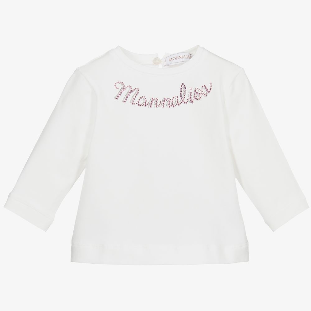 Monnalisa - White Cotton Logo Top | Childrensalon