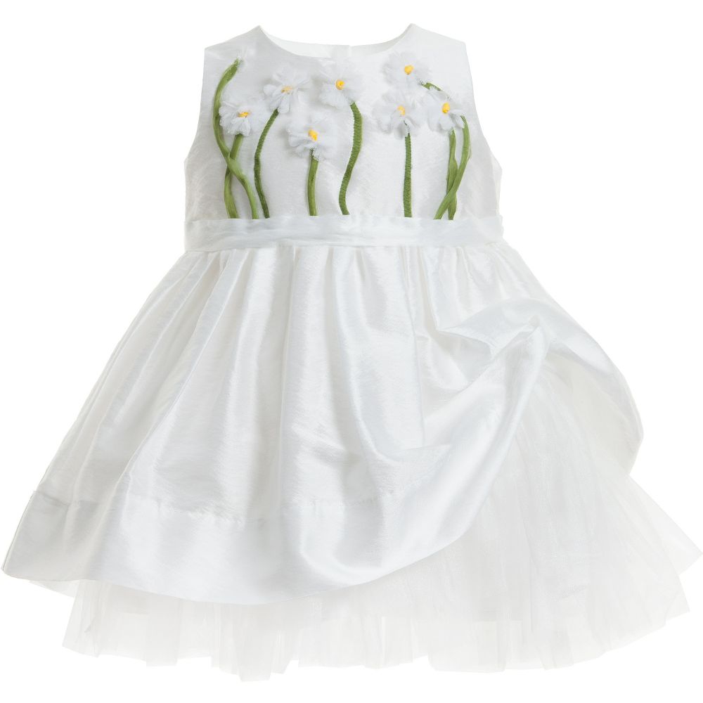 Monnalisa Chic-White Cotton Sateen Daisy Dress | Childrensalon Outlet