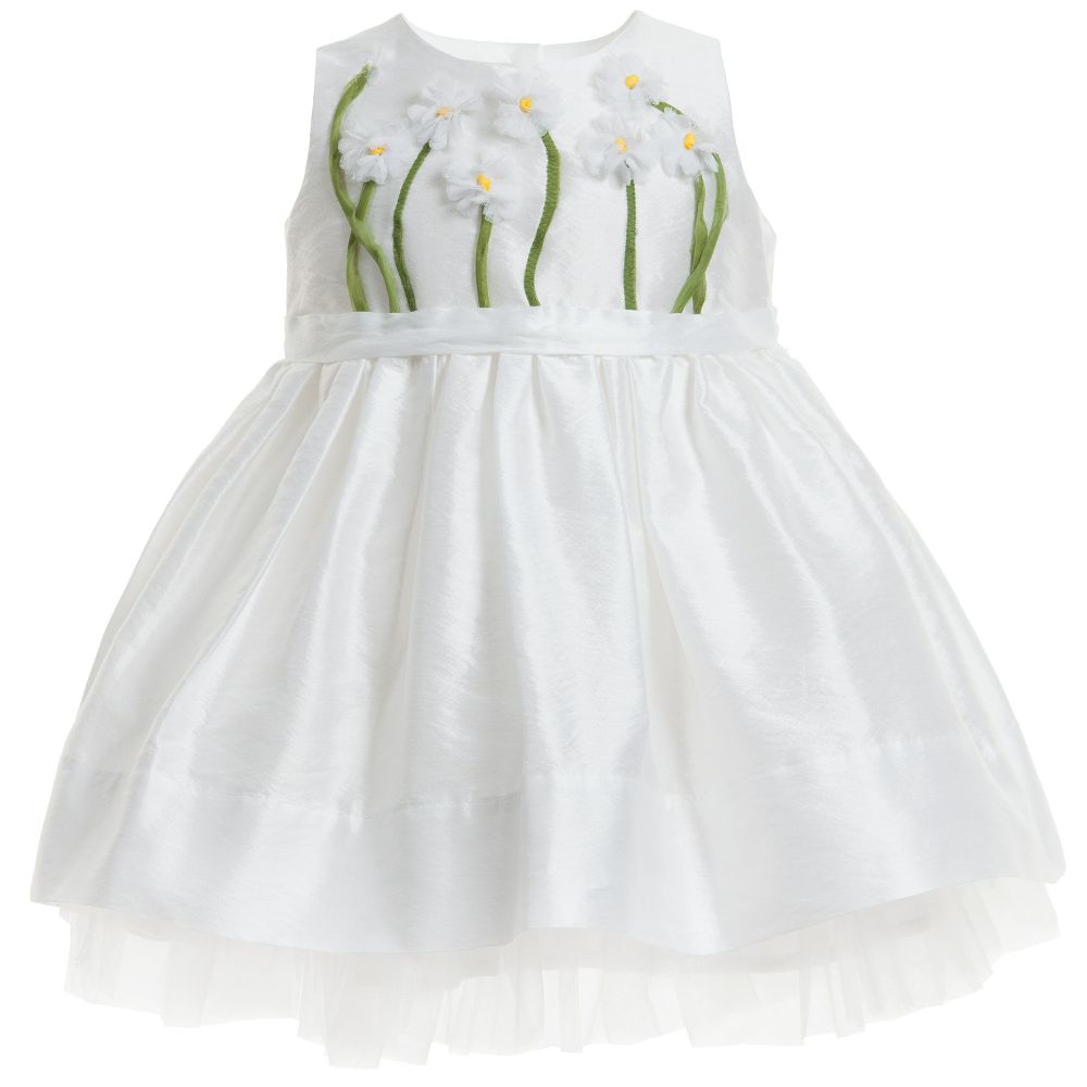 Monnalisa Chic - فستان من القطن و الساتان بطبعة أزهار بلون أبيض | Childrensalon