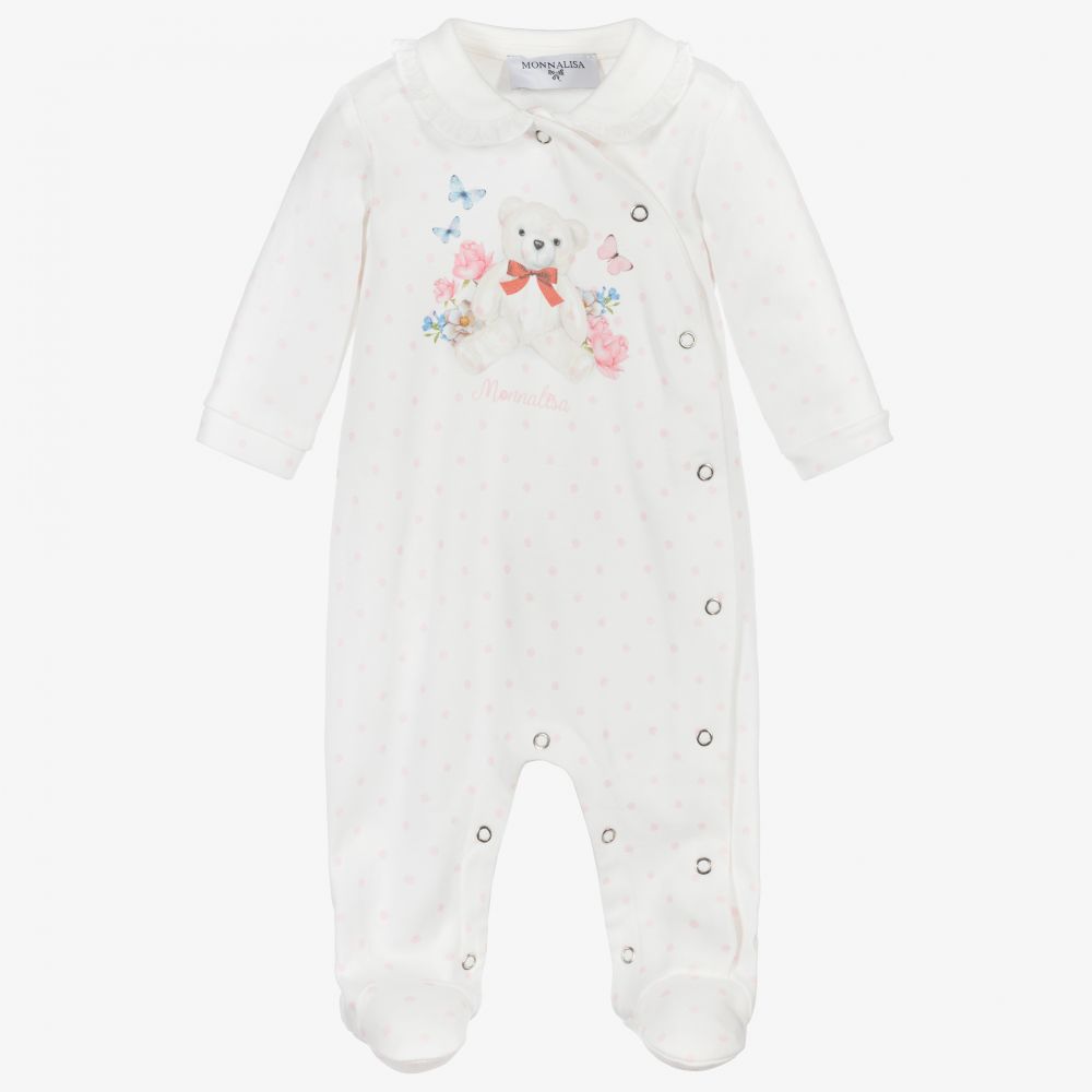 Monnalisa-Белый хлопковый комбинезон с медвежонком | Childrensalon Outlet