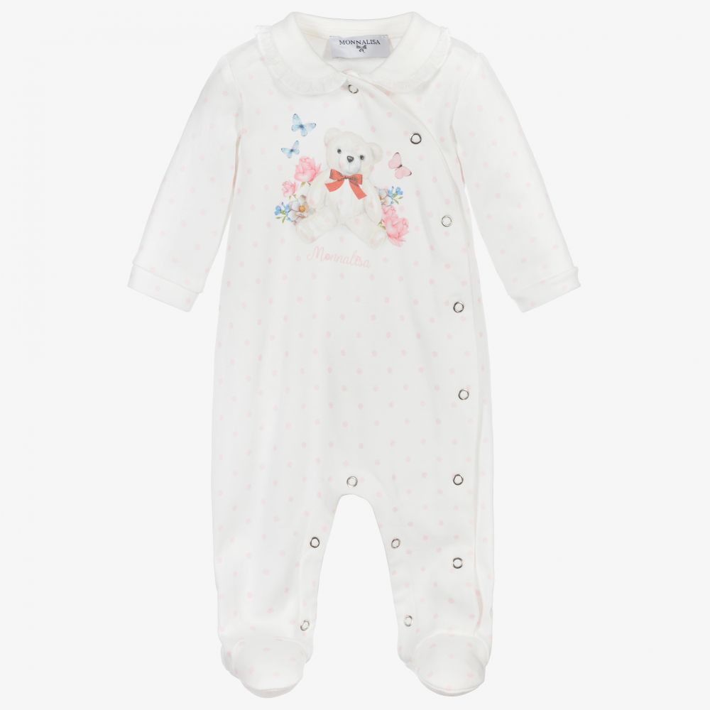 Monnalisa - Grenouillère ourson blanche en coton  | Childrensalon