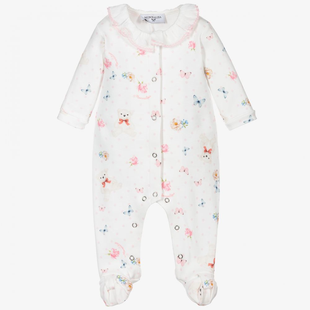 Monnalisa - White Cotton Teddy Babygrow  | Childrensalon