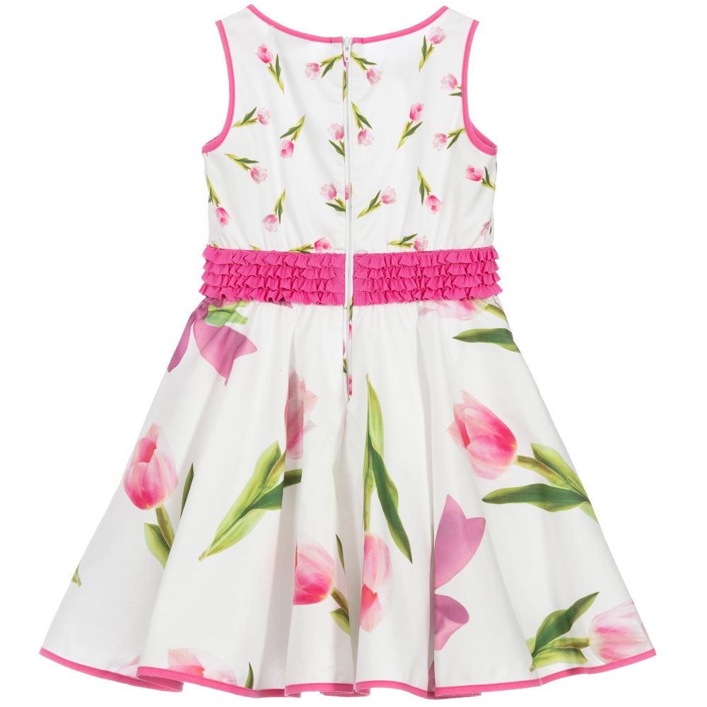 Monnalisa-White Cotton Tulip Print Dress | Childrensalon Outlet
