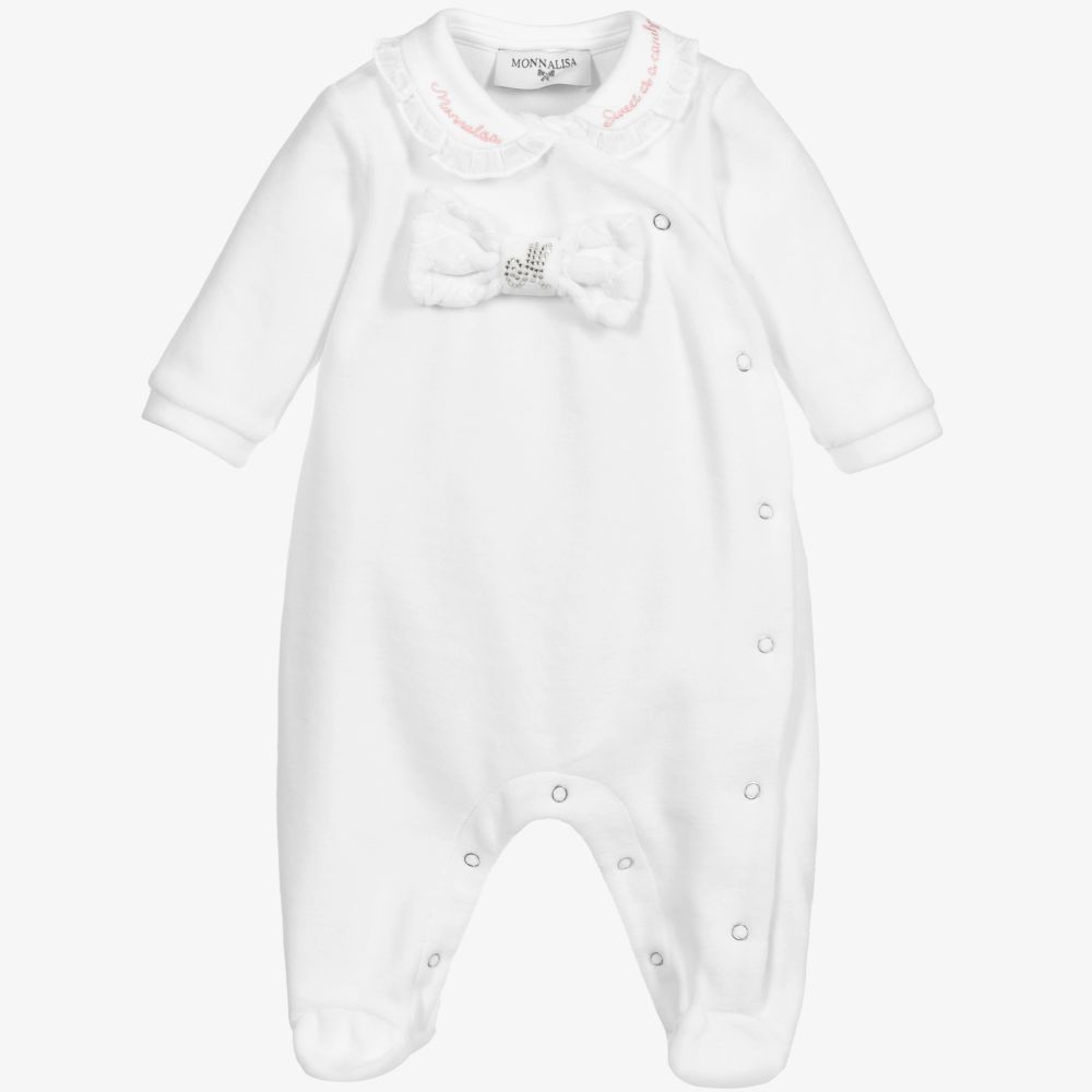 Monnalisa - White Cotton Velour Babygrow | Childrensalon