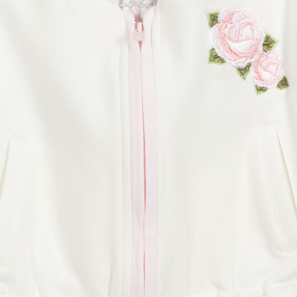 Monnalisa-توب بسحّاب أطفال بناتي قطن جيرسي لون أبيض | Childrensalon Outlet