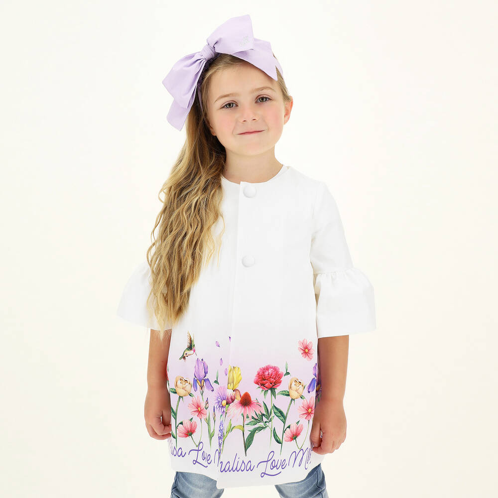 Monnalisa-معطف قطن تويل لون أبيض بطبعة ورود للبنات | Childrensalon Outlet