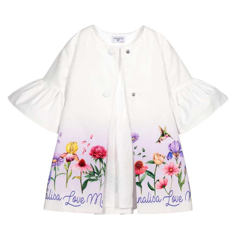 Monnalisa-معطف قطن تويل لون أبيض بطبعة ورود للبنات | Childrensalon Outlet
