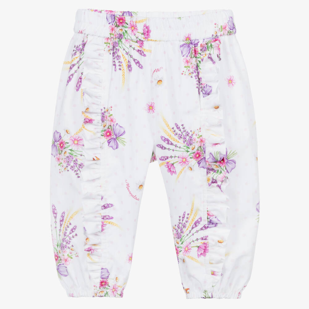 Monnalisa-White Floral Cotton Trousers | Childrensalon Outlet
