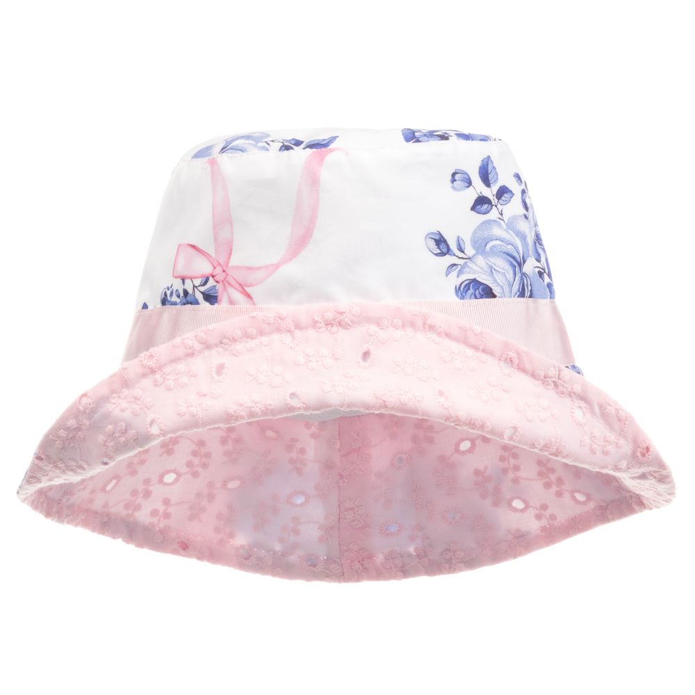 Monnalisa - قبعة للشمس أطفال بناتي قطن لون أبيض وزهري | Childrensalon