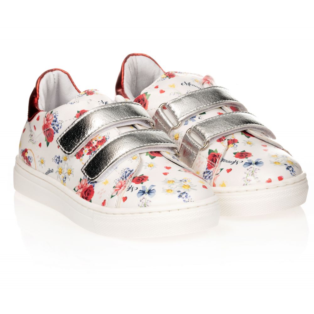 Monnalisa - White Floral Velcro Trainers | Childrensalon