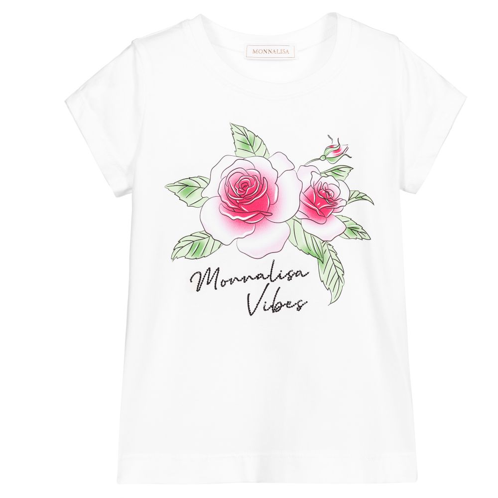 Monnalisa - Weißes T-Shirt mit Blumen-Print | Childrensalon