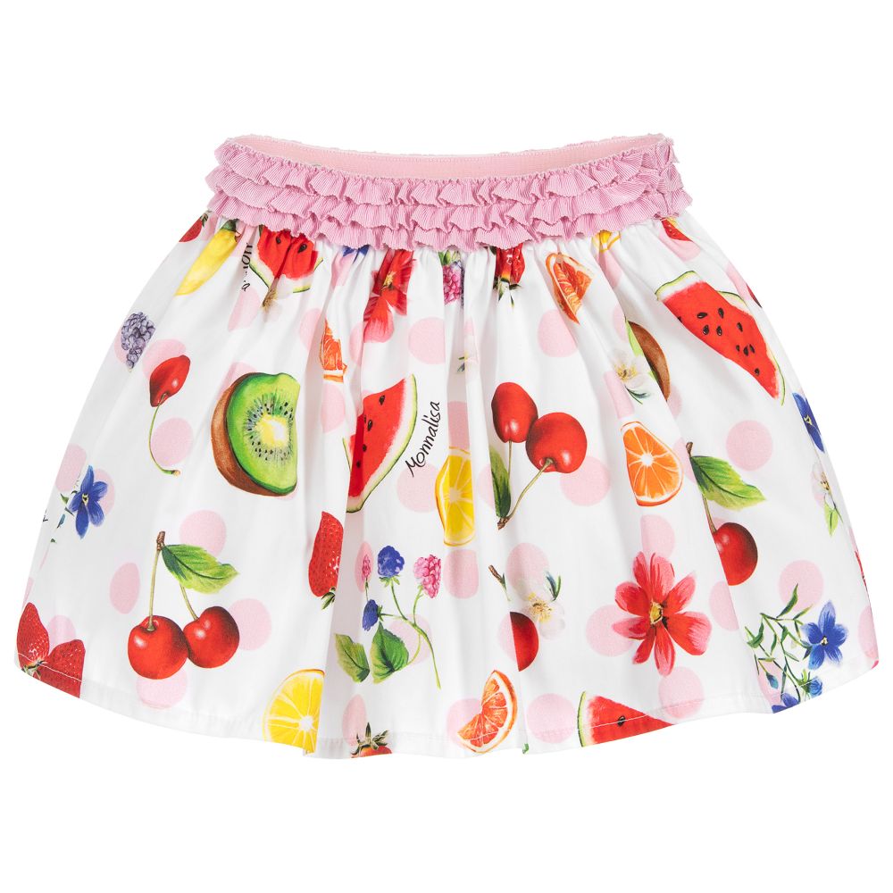 Monnalisa-تنورة أطفال بناتي قطن لون أبيض بطبعة ملونة | Childrensalon Outlet